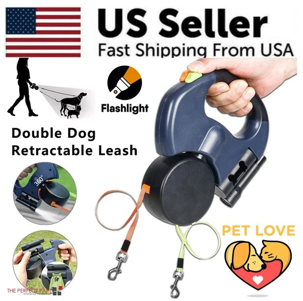 Double Retractable Pet Leash – 360° Swivel, Reflective, Dual Dog Walking Lead